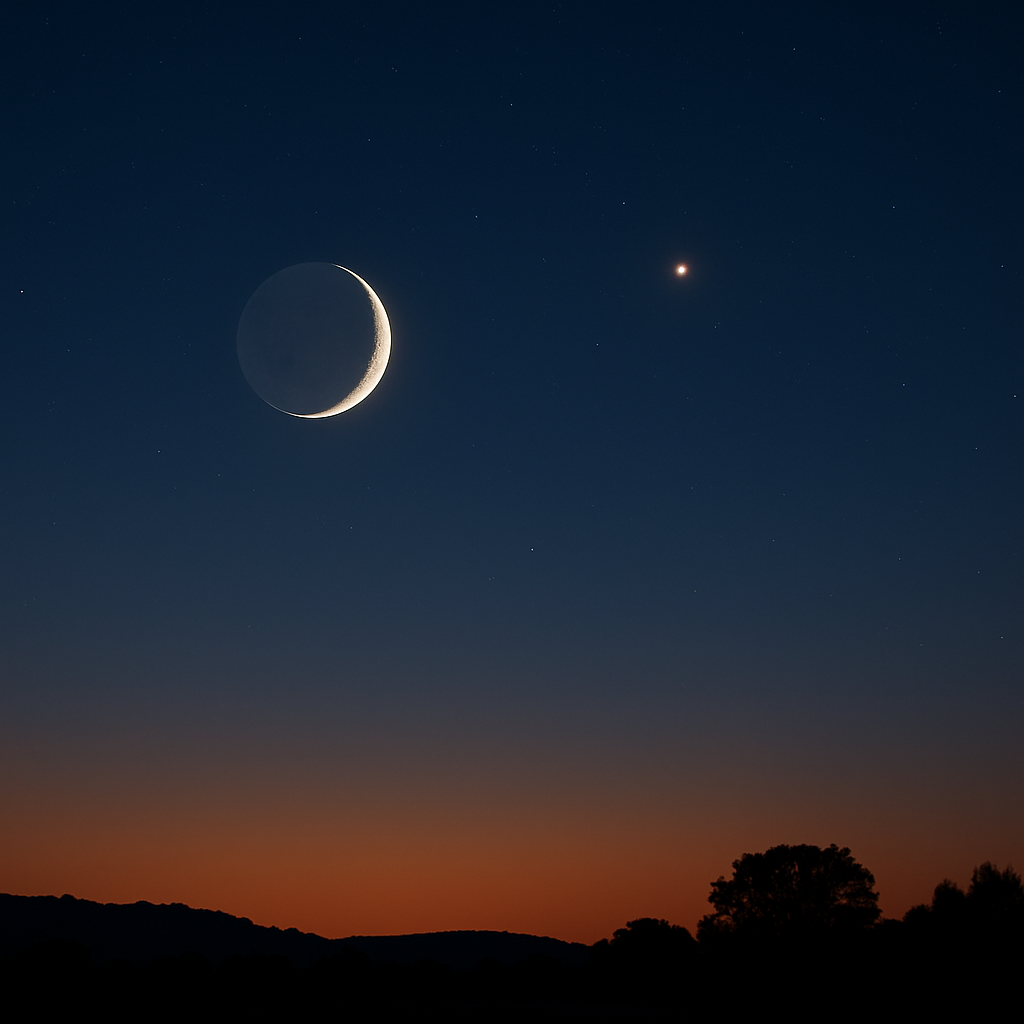 Bulan sabit tipis dan planet Mars merah terang berdampingan di langit malam barat