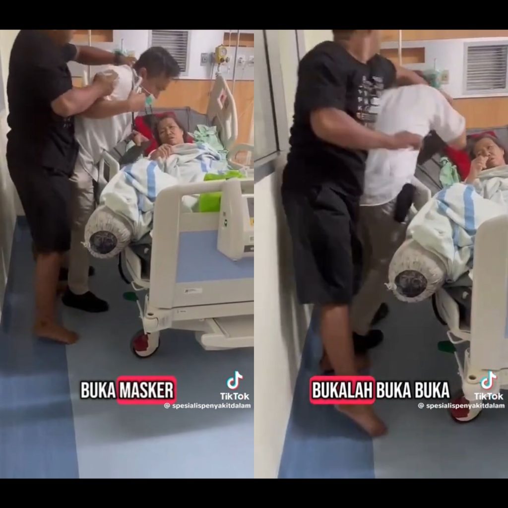 tangkapan layar dari video viral keluarga pasien marahi dokter di RSUD Sekayu dan menyuruh membuka masker