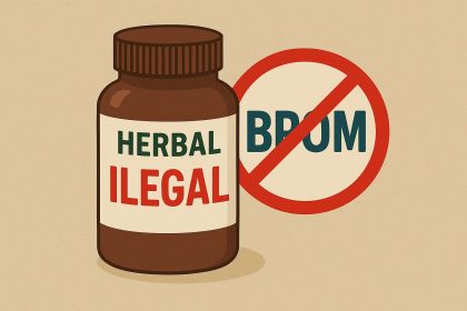 Ilustrasi botol suplemen herbal ilegal dengan label “HERBAL ILEGAL” dan simbol larangan BPOM.