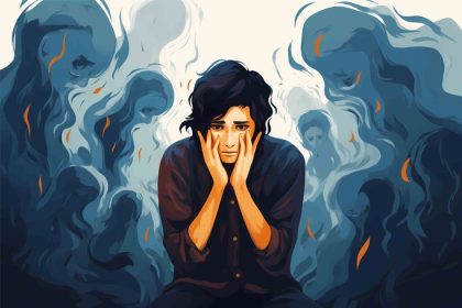 Ilustrasi perubahan otak skizofrenia, seseorang menutup wajah dikelilingi bayangan gelap yang melambangkan beban emosional