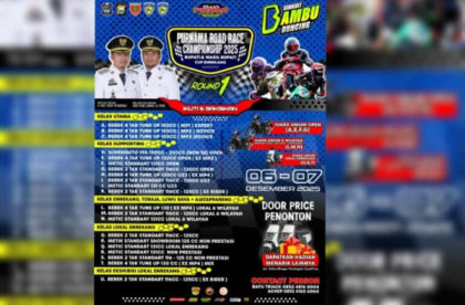 Poster resmi Purnama Road Race Enrekang 2025 yang menampilkan jadwal balapan, lokasi Sirkuit Bambu Runcing, serta informasi kategori lomba.