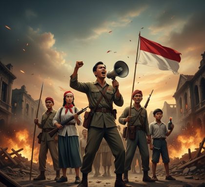 Pejuang Indonesia memimpin semangat perjuangan dalam Pertempuran Surabaya saat memperingati Hari Pahlawan 10 November.